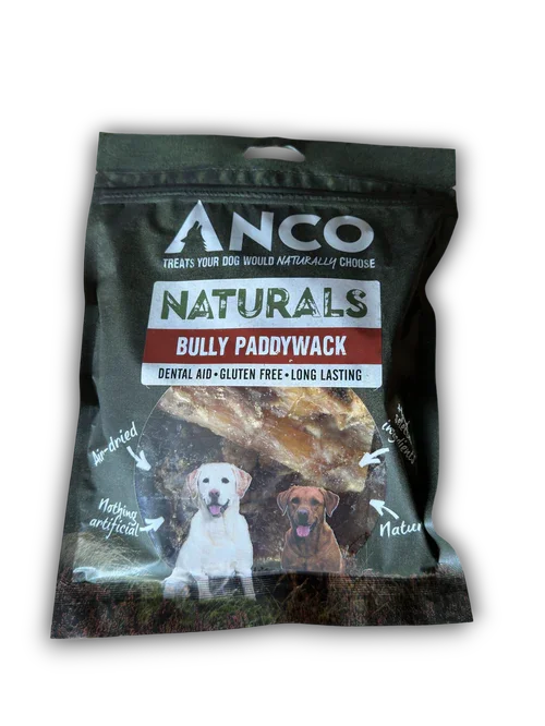ANCO Naturals Bully Paddywack dog treats packaging with images of Labrador and Boxer dogs