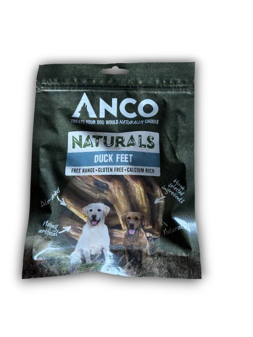 ANCO Naturals Duck Feet dog treats package with free range, gluten free, calcium rich text and dog images