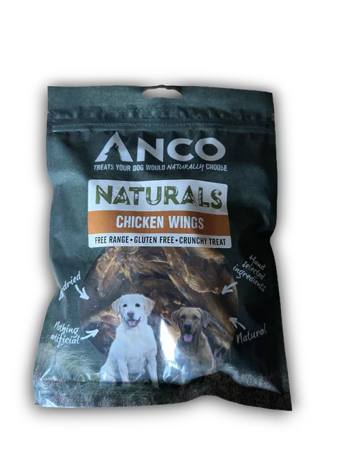 ANCO Naturals Chicken Wings dog treats package with images of two dogs, labeled free range, gluten free, and crunchy