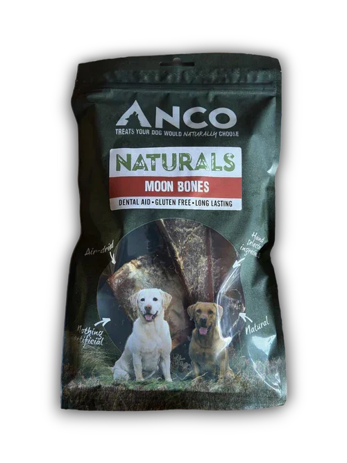 ANCO Naturals Moon Bones dog treats package with Labrador images, gluten free, dental aid, long lasting