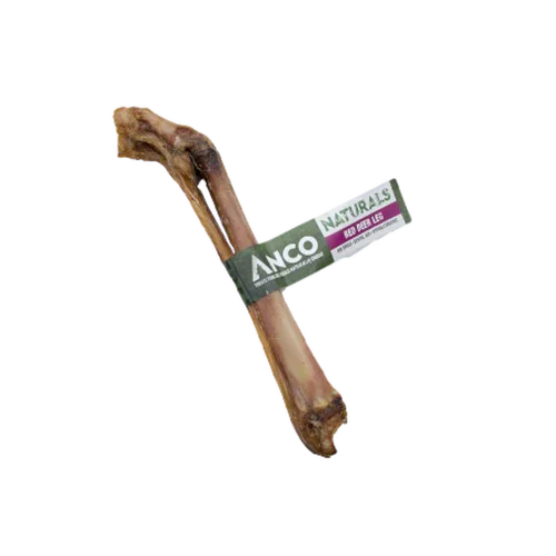 Anco Naturals red deer leg dog chew bone with green and purple label on white background