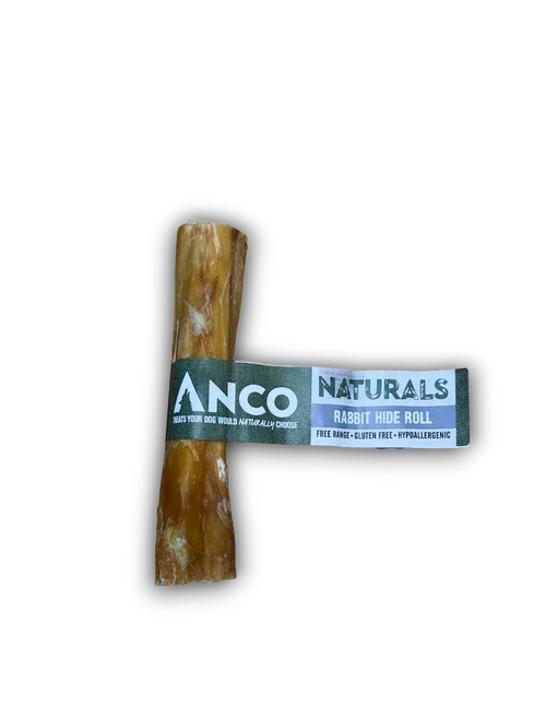Anco Naturals Rabbit Hide Roll dog chew, free range, gluten free, hypoallergenic, isolated on black