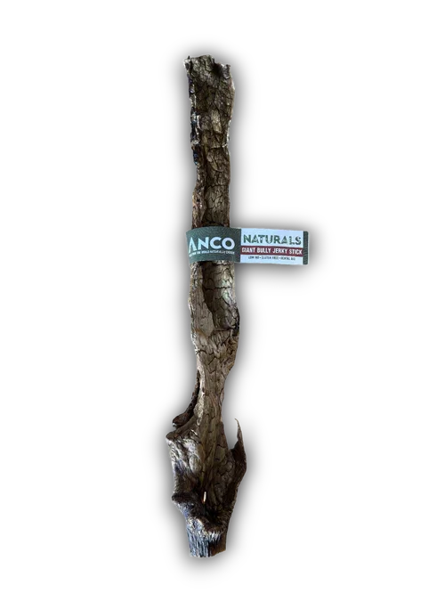 ANCO Naturals giant bully jerky stick dog chew against black background