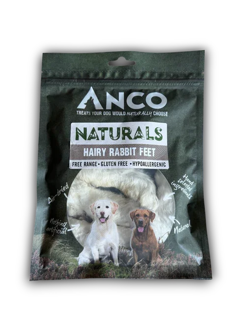 Anco Naturals dog treats package featuring hairy rabbit feet with images of two dogs, labeled gluten free and hypoallergenic