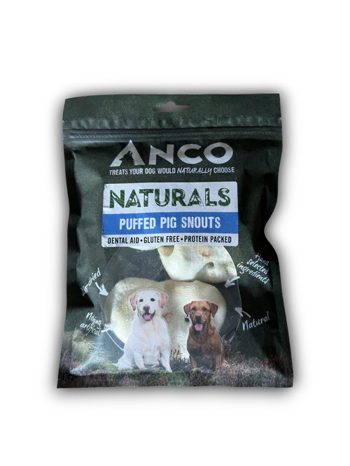 Anco Naturals Puffed Pig Snouts dog treats package, gluten free and protein packed, with images of two dogs