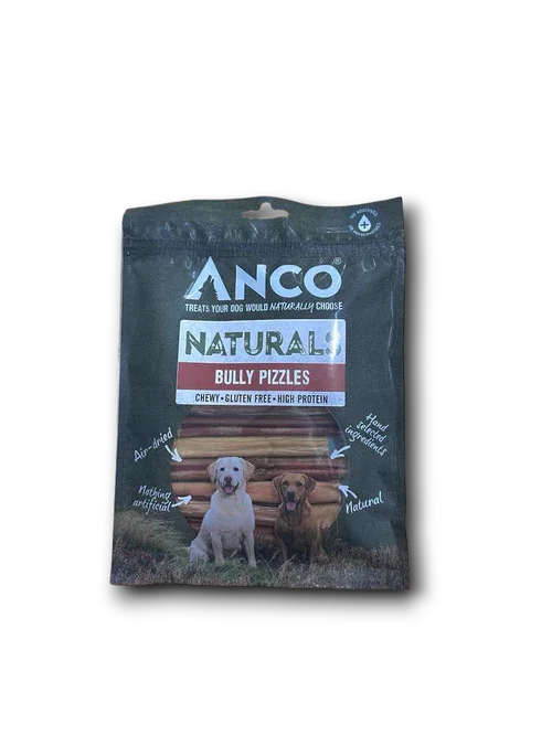 ANCO Natural Bully Pizzles dog treats bag with air-dried, gluten-free, high protein, and natural ingredients