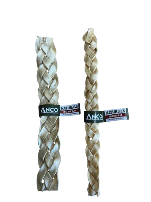 Two braided natural dog chew sticks labeled ANCO Naturals Mega Beef Braid