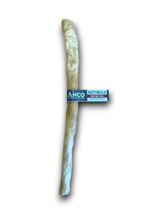 Anco Naturals Giant Bully Roll dog treat, long twisted rawhide chew against black background