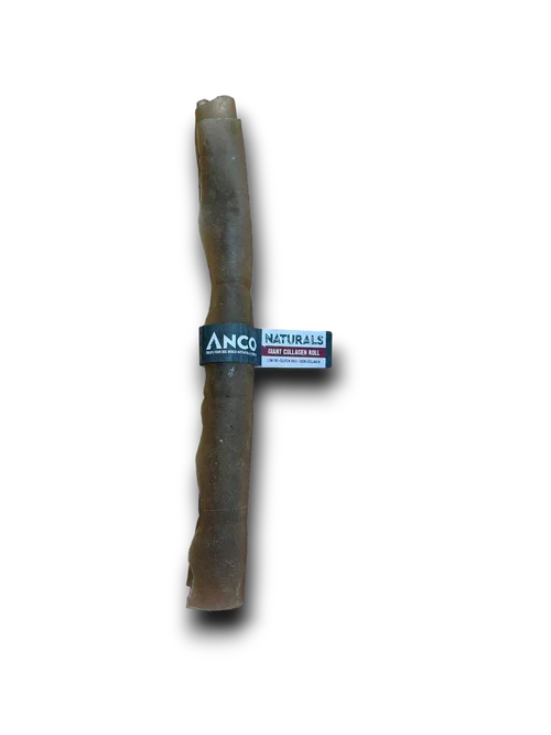 Anco Naturals giant collagen roll dog chew treat with black and white label on black background