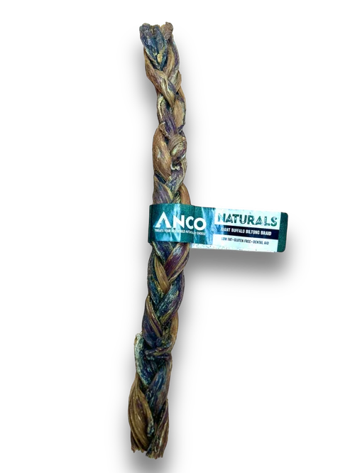 Anco Naturals giant buffalo biltong braid dog chew, braided dried meat treat with label on black background