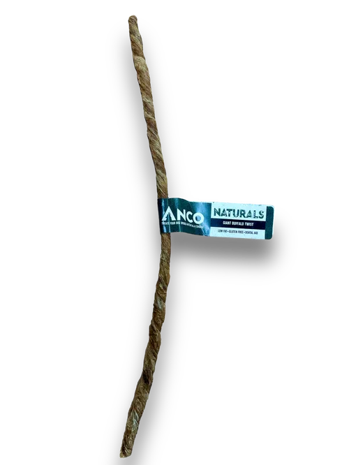 Anco Naturals rawhide twist dog chew treat with low fat, gluten-free, and no added chemicals label