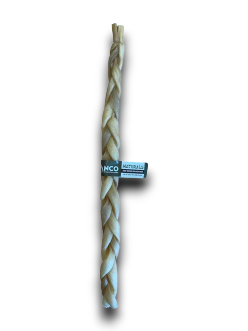 Braided natural dog chew treat with product label on black background