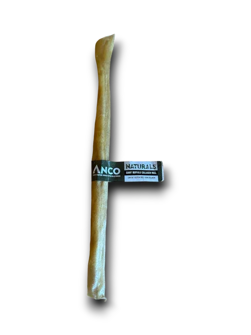 Natural giant buffalo collagen roll dog chew by Anco Naturals on black background