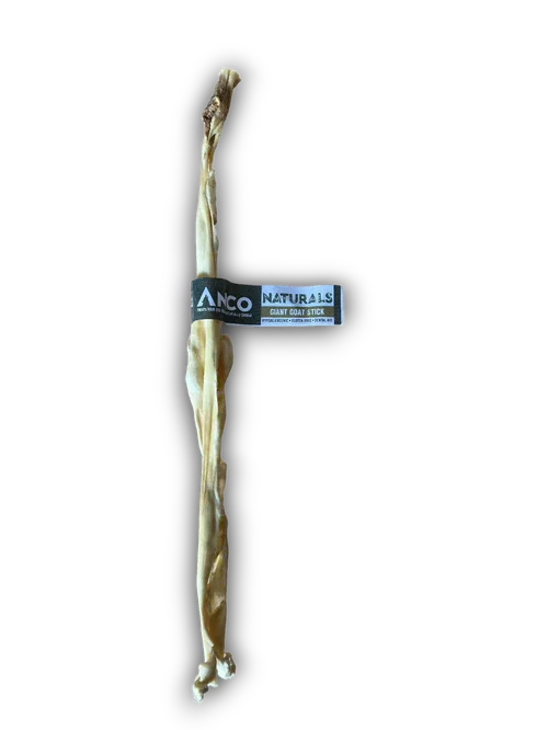 Anco Naturals giant goat stick dog chew treat on black background