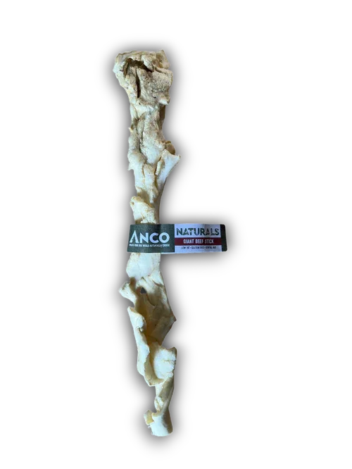 Anco Naturals Giant Beef Stick dog chew with irregular bone shape on black background