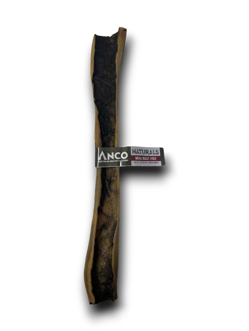 Anco Naturals Mega Bully Stick dog chew treat on black background