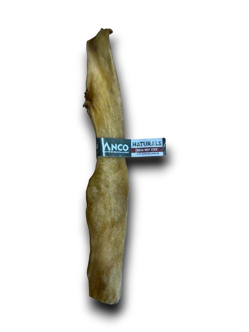 Anco Naturals Mega Beef Stick dog chew treat with label on black background
