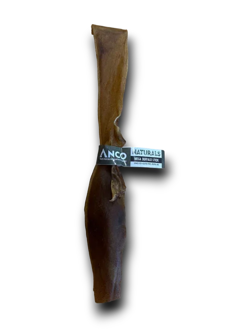 ANCO Naturals Mega Buffalo Stick dog chew on black background