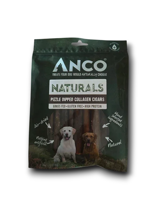 ANCO Naturals Pizzle Dipped Collagen Cigars dog treats bag featuring two dogs on front, air-dried, natural, high protein
