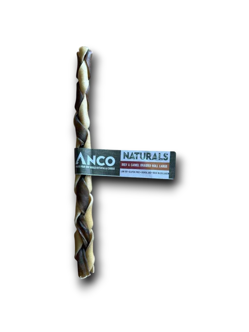 Anco Naturals large beef and camel braided roll dog chew with label on black background
