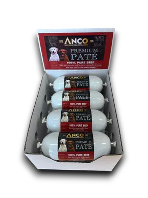 Box of Anco Premium Paté dog food rolls, 100% pure beef, with dog images on labels