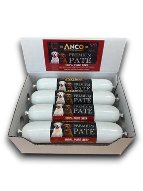 Box of Anco Premium Pate 100% pure beef dog food rolls featuring dog images on labels