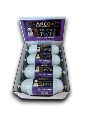 Anco Premium Pâté 100% Pure Turkey dog food in white tubes displayed in an open cardboard box