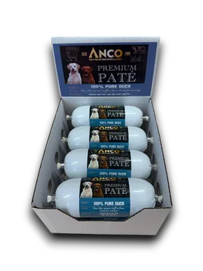 Box of ANCO Premium Pate 100% Pure Duck dog food with four sealed sausages featuring dog images on labels