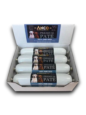 Box of Anco Premium Pate 100% Pure Duck white sausage-style dog food with dog images on labels