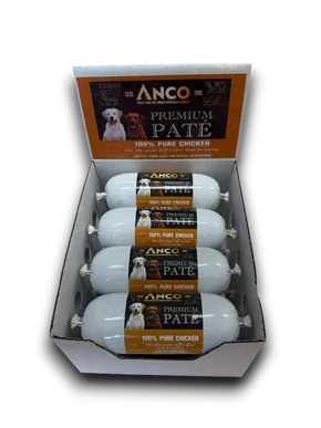 Box of Anco Premium Paté 100% Pure Chicken dog food rolls with pet images on label