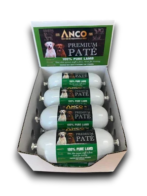 Box of ANCO Premium Pate 100% Pure Lamb dog food rolls with dog images on labels