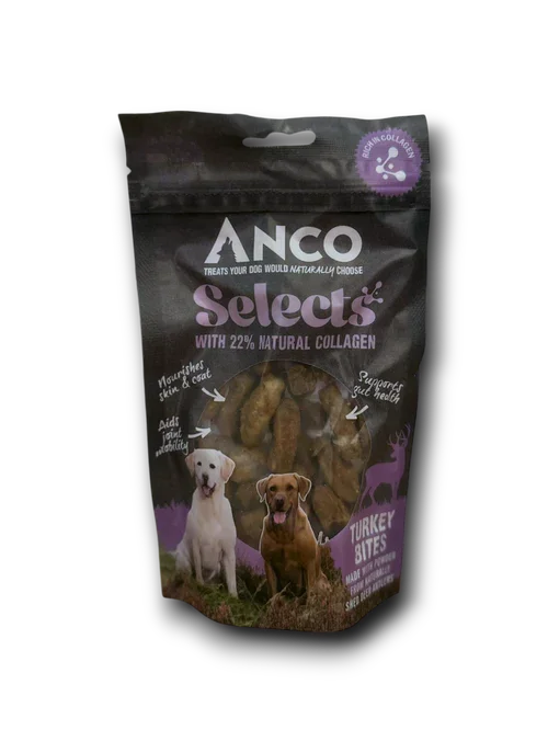 ANCO Selects turkey bites dog treats with 22% natural collagen for skin, coat, joint, and gut health