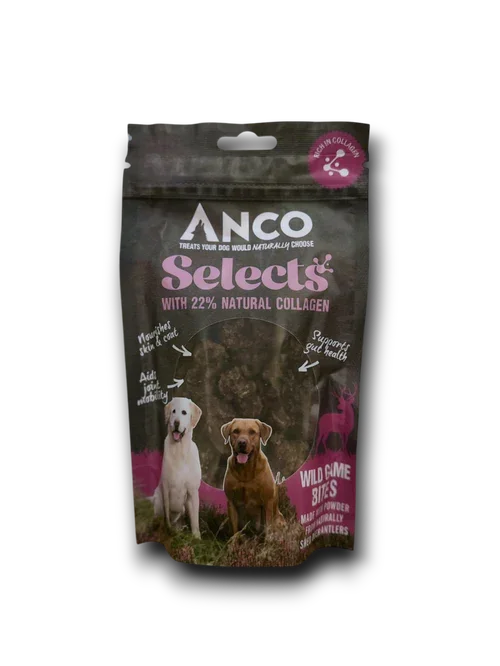 Anco Select dog treats pouch with wild game bites, 22% natural collagen, featuring Labrador images