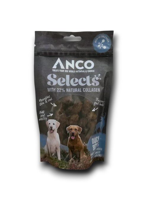 Package of ANCO Selects dog treats with 22% natural collagen, featuring images of two dogs