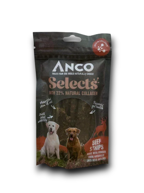 Anco Selects dog treats beef strips packaging with 22% natural collagen, featuring two dogs and info on skin, joint, gut health