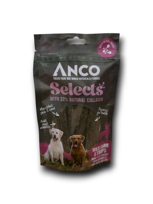 ANCO Selects dog treats with 22% natural collagen, nourishing skin and coat, aiding joint mobility