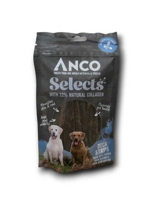 ANCO Selects dog treats with 22% natural collagen, duck strips for skin, coat, joint mobility