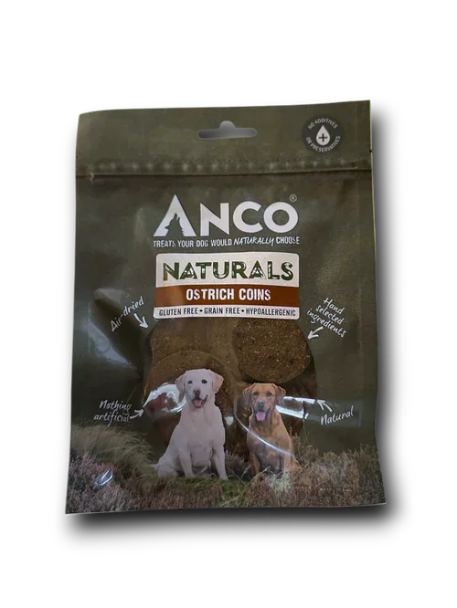 Anco Naturals Ostrich Coins gluten-free, grain-free, hypoallergenic dog treats in resealable pouch with dog images