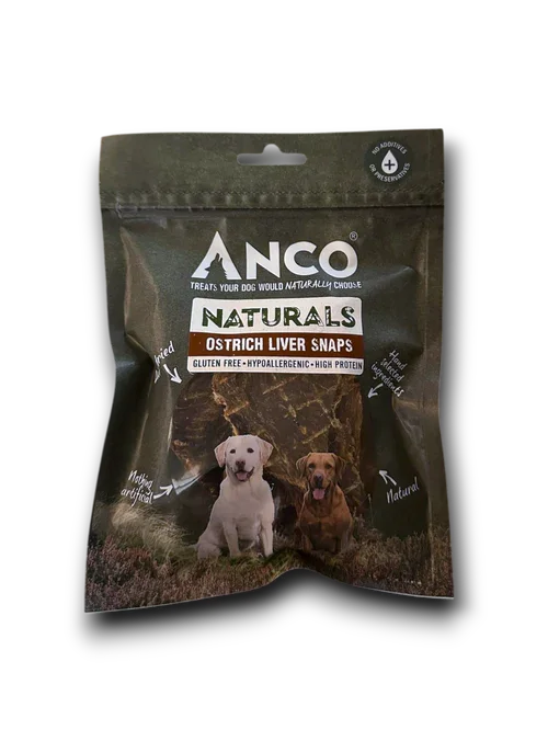 Anco Naturals Ostrich Liver Snaps dog treats package, gluten free, hypoallergenic, high protein