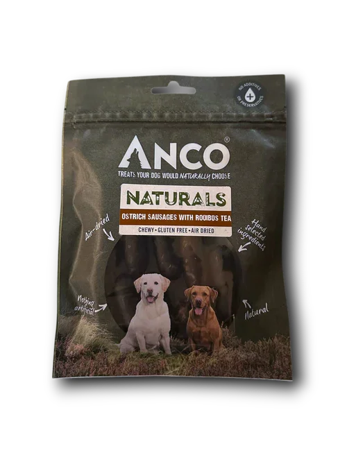 ANCO Naturals ostrich sausages dog treats with rooibos tea, air-dried, gluten-free, natural ingredients