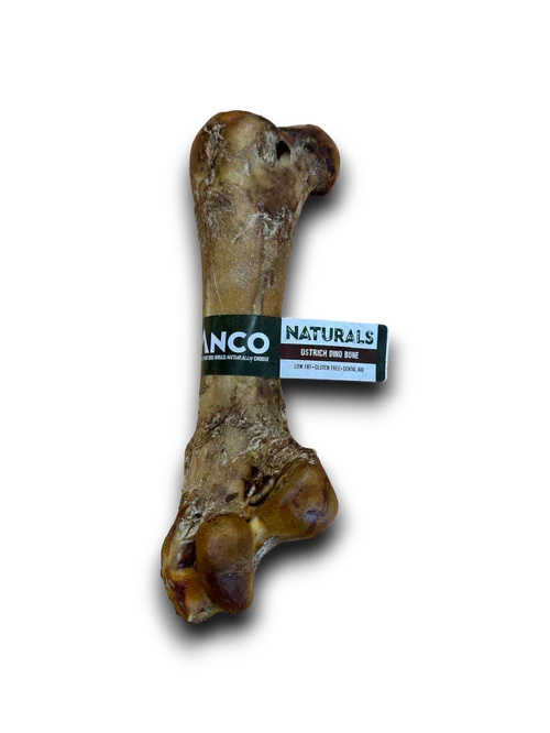 Large natural ostrich dino bone dog chew labeled Anco Naturals on black background