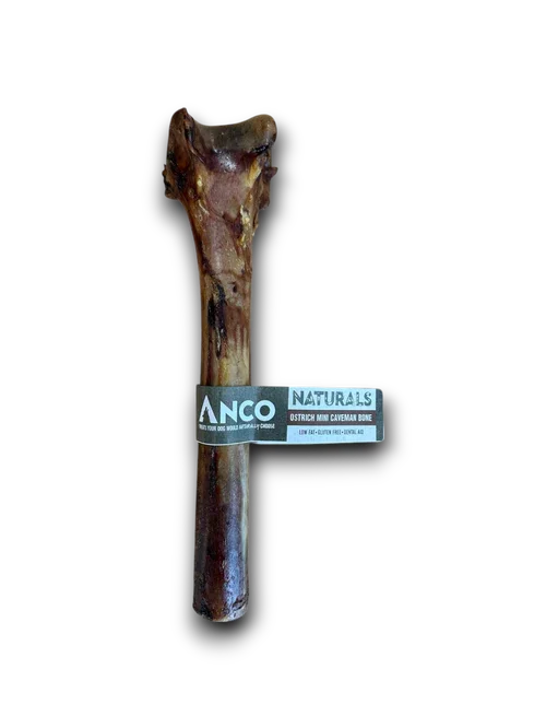 Anco Naturals Ostrich Mini Caveman Bone dog chew treat on black background