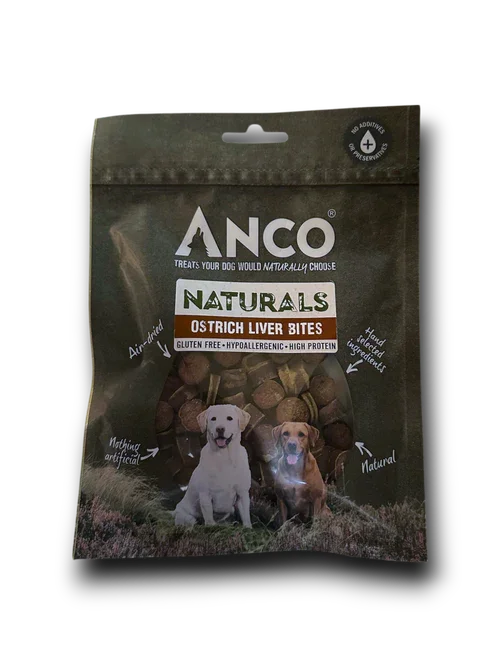 Anco Naturals Ostrich Liver Bites dog treats package with two dogs pictured, highlighting gluten free, hypoallergenic, and high protein features