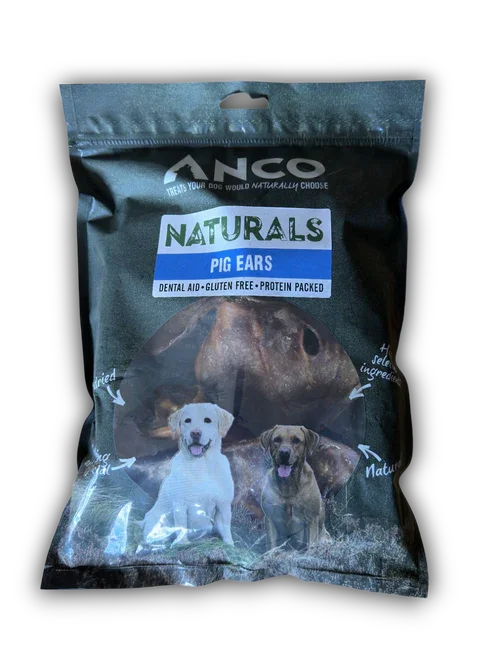Bag of Nanco Naturals Pig Ears dog treats with images of two dogs, gluten free and protein packed