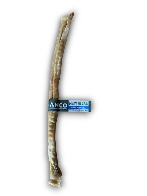 Anco Naturals giant pork roll dog chew on black background with label