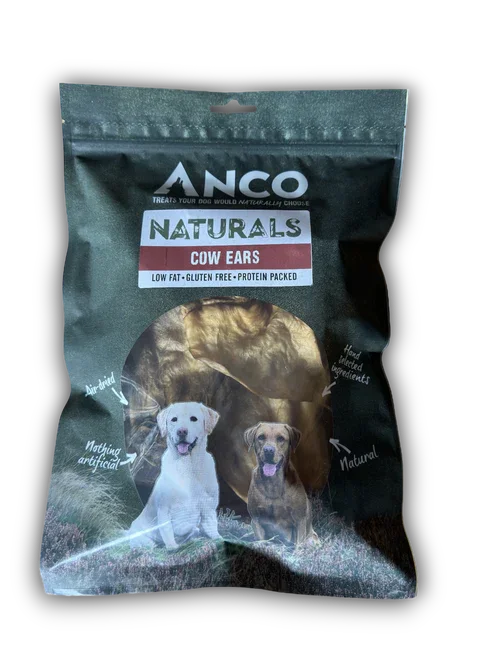 ANCO Naturals Cow Ears dog treats packaging featuring two happy dogs, labeled gluten free, low fat, protein packed