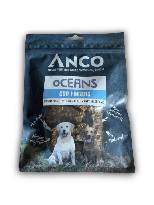 ANCO Oceans Cod Fingers dog treats packaging with Labrador dogs, natural hypoallergenic protein snacks