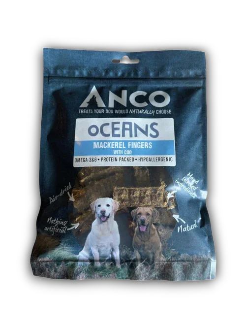 Anco Oceans Mackerel Fingers Dog Treats bag with cod, omega 3&6, hypoallergenic, natural air-dried treats
