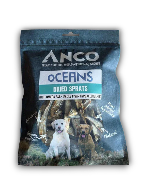 ANCO Oceans Dried Sprats dog treats bag, high omega 3 and 6, hypoallergenic, natural air-dried fish