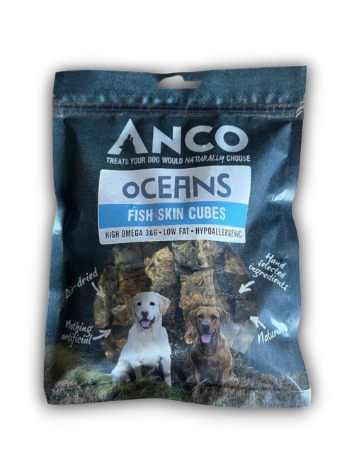ANCO Oceans Fish Skin Cubes dog treats with high omega 3 & 6, low fat, hypoallergenic, natural ingredients